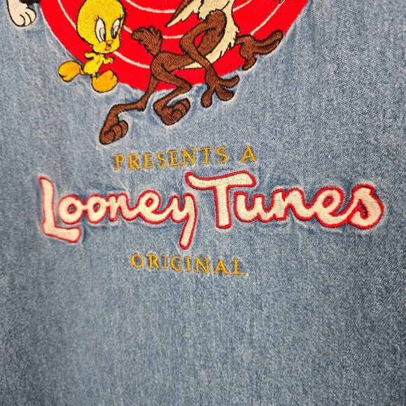 Vintage 90s Warner Bros Looney Tunes Men Embroidered Denim Vest Shirt XL Novelty - Picture 10 of 15